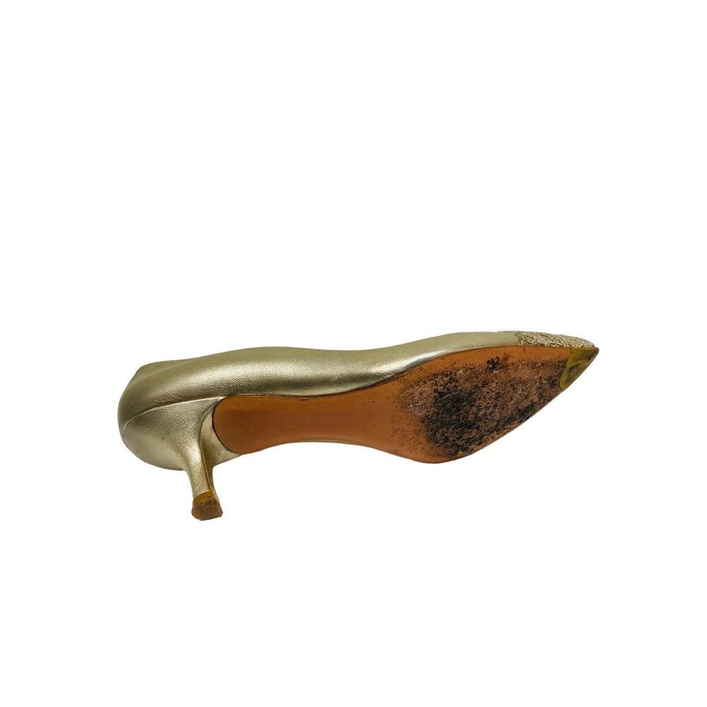 STUART WEITZMAN Gold Satin Embellished Crystal Pointed Toe Heels Pumps 8 - Picture 4 of 7